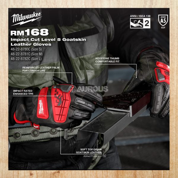 MILWAUKEE HEAVY DUTY IMPACT CUT LEVEL 5 GOATSKIN LEATHER GLOVES - (S)48-22-8780 (M)48-22-8781 (L)48-22-8782