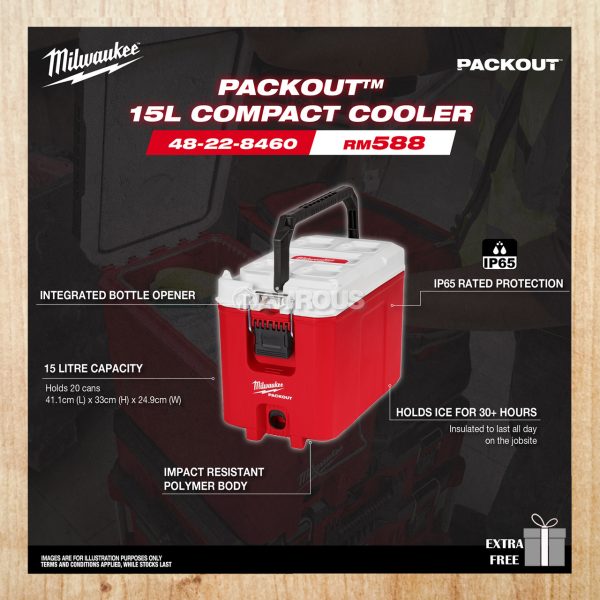 MILWAUKEE PACKOUT 15L COMPACT COOLER IP65 RATED PROTECTION (48-22-8460)