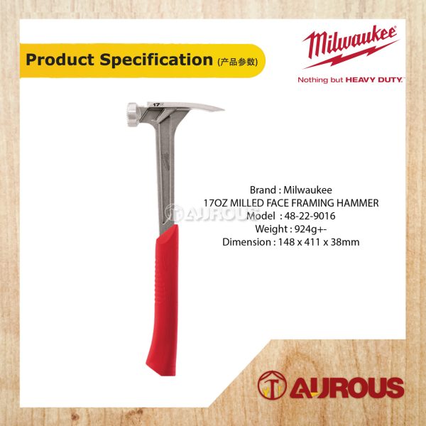 MILWAUKEE 17 OZ MILLED FACE FRAMING HAMMER CLAW HAMMER 48-22-9016 - Image 5