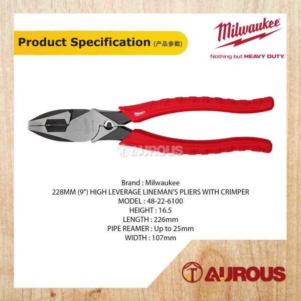 MILWAUKEE 228MM (9") HIGH LEVERAGE LINEMAN'S PLIERS WITH CRIMPER 48-22-6100 - Image 5