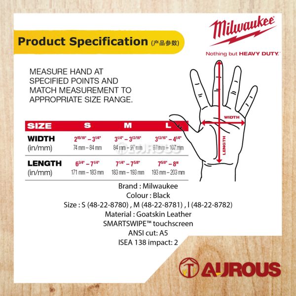MILWAUKEE HEAVY DUTY IMPACT CUT LEVEL 5 GOATSKIN LEATHER GLOVES - (S)48-22-8780 (M)48-22-8781 (L)48-22-8782 - Image 6