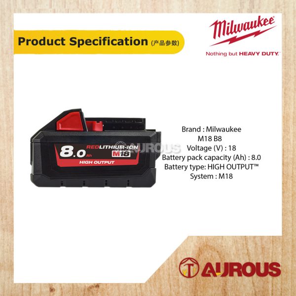 MILWAUKEE HIGH OUTPUT 8.0 Ah M18 RED LITHIUM-ION BATTERY M18 HB8 ASIA - Image 4