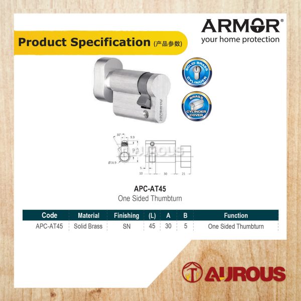 ARMOR EURO PROFILE 45MM SOLID BRASS ONE SIDED THUMBTURN CYLINDER (APC-AT45MM/SN/VP) - Image 5