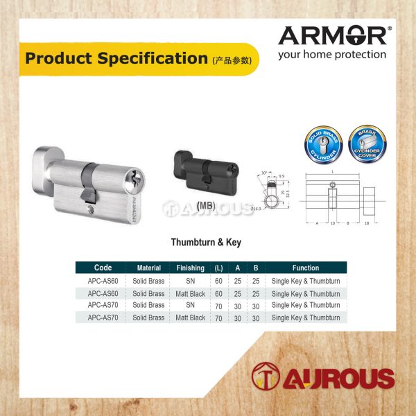 ARMOR SOLID BRASS SINGLE KEY & THUMBTURN CYLINDER SN FINISHING (APC-AS60MM / APC-AS70MM) - Image 8