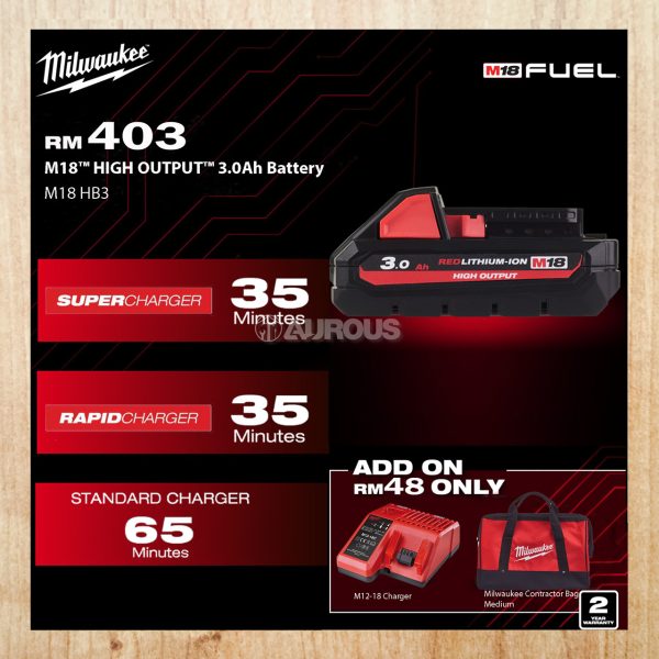 MILWAUKEE HIGH OUTPUT 3.0 Ah M18 RED LITHIUM-ION BATTERY M18 HB3 ASIA