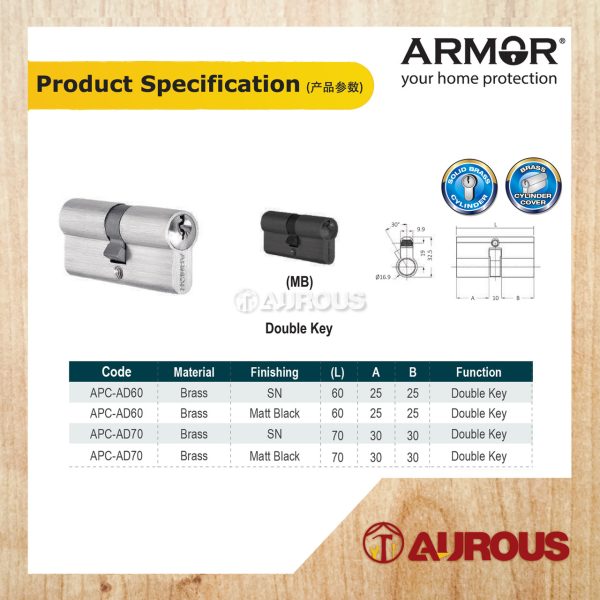 ARMOR EURO PROFILE SOLID BRASS DOUBLE KEY CYLINDER APC-AD60/70MM (SN/MB) - Image 8