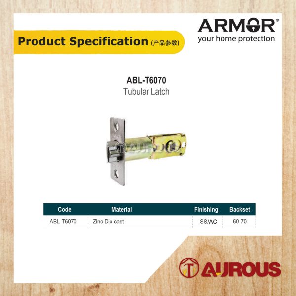 ARMOR ADJUSTABLE TURBULAR LEVER DOOR LATCH ABL-T6070/ET (SS/AC) - Image 6