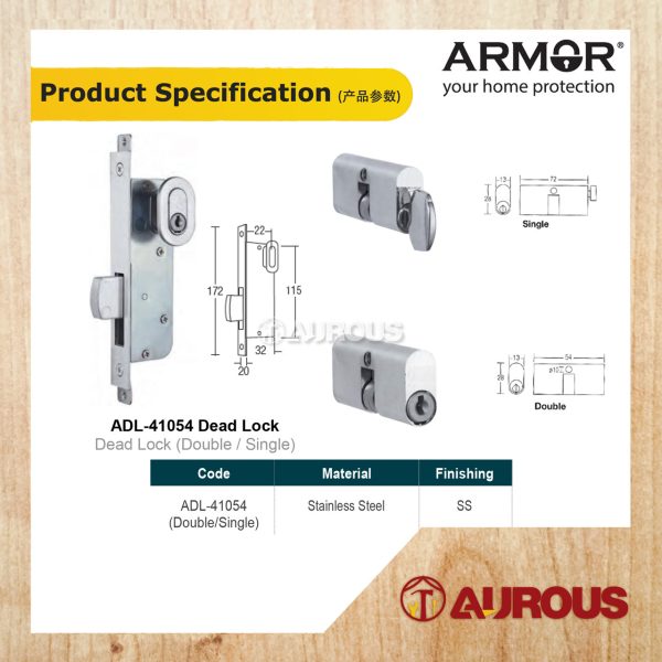 ARMOR STAINLESS STEEL DEAD LOCK SET WITH PROFILE CYLINDER ADL-41054 (SINGLE / DOUBLE) - Image 5