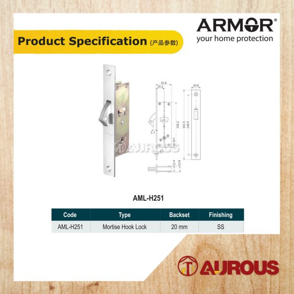 ARMOR MORTISE HOOK LOCK 25MM AML-H251/HL/SS (STAINLESS SETEEL - SS) - Image 5
