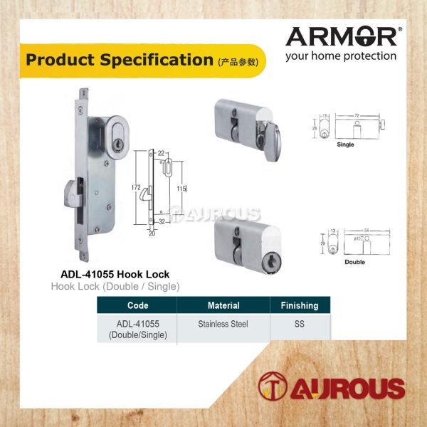 ARMOR STAINLESS STEEL HOOK LOCK SET WITH PROFILE CYLINDER ADL-41055 (SINGLE / DOUBLE) - Image 5