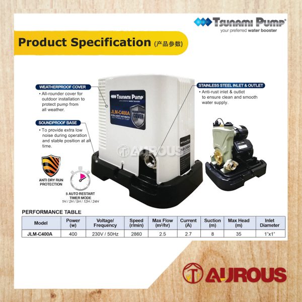 TSUNAMI AUTOMATIC SELF PRIMING JET PUMP JLM-C400A [WITH COVER] - Image 4