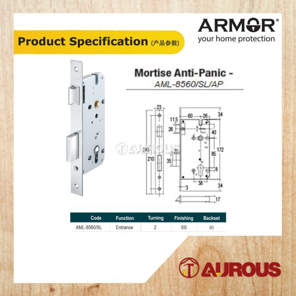 ARMOR STAINLESS STEEL SUS304 MORTISE SASH LOCK - ANTI PANIC 60MMx85MM AML-8560/SL/AP/SS - Image 5