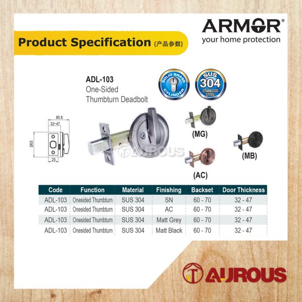 ARMOR STAINLESS STEEL SUS304 60-70MM ONE SIDED THUMBTURN DEADBOLT LOCK ADL-103 (SN/AC/MG/MB) - Image 7