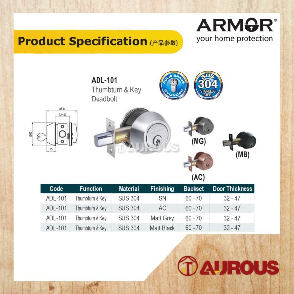ARMOR STAINLESS STEEL SUS304 60-70MM THUMBTURN & KEY DEADBOLT LOCK ADL-101 (SN/AC/MG/MB) - Image 6