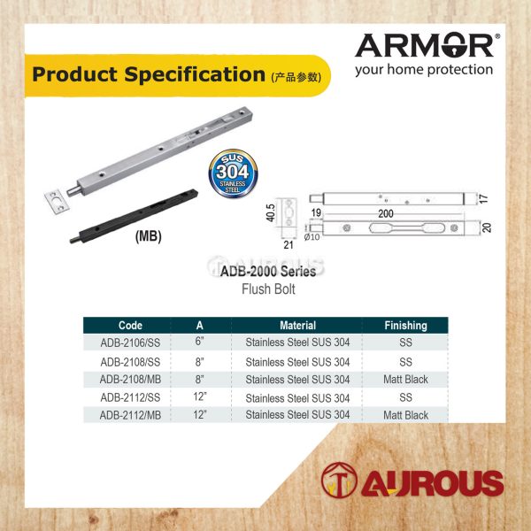 ARMOR STAINLESS STEEL SUS304 BOX TYPE FLUSH BOLT (SS/MB) (6'' 8'' 12'') - Image 5