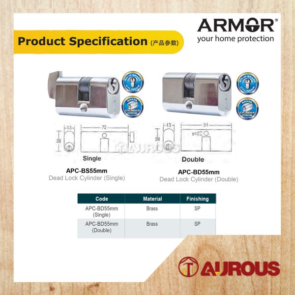 ARMOR EURO PROFILE SOLID BRASS SINGLE KEY & THUMBTURN APC-BS55MM / DOUBLE KEY CYLINDER APC-BD55MM - Image 6