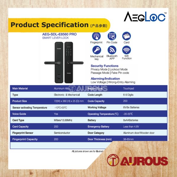 ARMOR AEGLOC DIGITAL FINGERPRINT SMART LEVER LOCK SECURITY LOCK AEG-SDL-E8560 PRO - Image 4