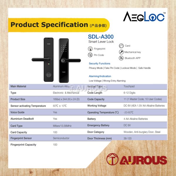 ARMOR AEGLOC DIGITAL FINGERPRINT SMART LEVER DOOR SECURITY LOCK (AEG-SDL-A300) - Image 4