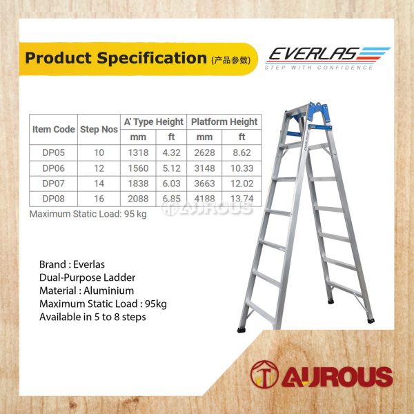 EVERLAS ALUMIMIUM DUAL PURPOSE FOLDABLE DOUBLE SIDED LADDER DP SERIES (5 TO 8 STEPS) - Image 5