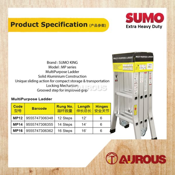 SUMO KING HEAVY DUTY SOLID ALUMINIUM FOLDABLE MULTI PURPOSE LADDER MP SERIES (12 TO 16 STEPS) - Image 7
