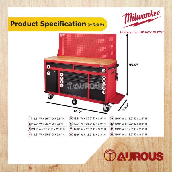 MILWAUKEE 61'' MOBILE WORK STATION WITH HARDWOOD TOP & 11 DRAWER (48-22-8562A) - Image 7