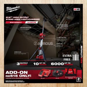 MILWAUKEE M18 FUEL 6000 MAX LUMENS HIGH OUTPUT STAND AREA LIGHT/CHARGER M18 HOSALC-0 (BARE TOOL)