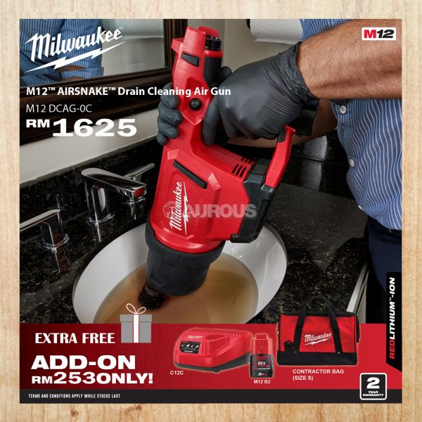 MILWAUKEE M12 CORDLESS AIRSNAKE DRAIN CLEANING AIR GUN M12 DCAG-0C (BARE TOOL)