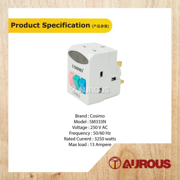 COSIMO 13AMP 3 WAY ADAPTOR WITH 3 SWITCH (SM333N) - Image 5