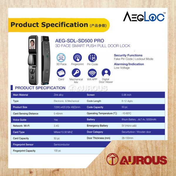 ARMOR AEGLOC 3D FACE SMART PUSH PULL DIGITAL SECURITY DOOR LOCK AEG-SDL-SD500P PRO/GREY - Image 2
