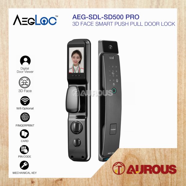 ARMOR AEGLOC 3D FACE SMART PUSH PULL DIGITAL SECURITY DOOR LOCK AEG-SDL-SD500P PRO/GREY