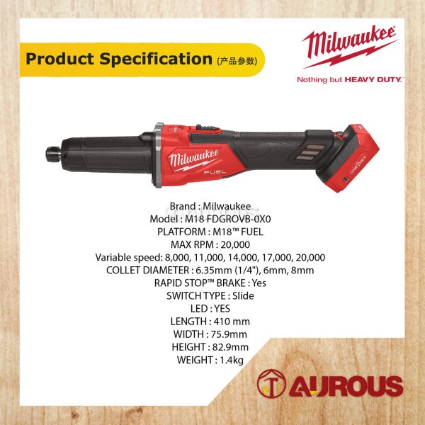 MILWAUKEE M18 FUEL VARIABLE SPEED BRAKING DIE GRINDER WITH LOCK ON SLIDE SWITCH M18 FDGROVB-0X0 (BARE TOOL) - Image 6