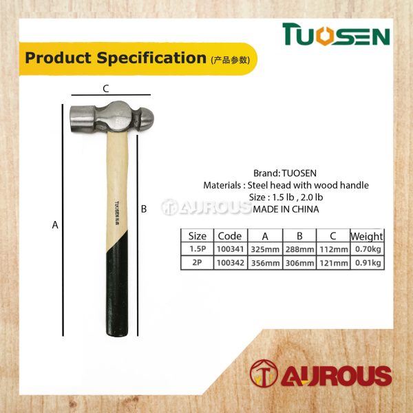 TUOSEN ROUND HEAD BALL PEIN WOODEN HANDLE HAMMER (1.5LB/2.0LB) - Image 5