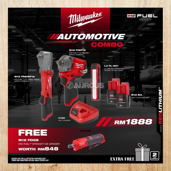 MILWAUKEE M12 FUEL AUTOMOTIVE COMBO (M12 FIWF12-302C + M12 FRAIWF12-0 + L4 FL-301 + FREE M12 FDGS-0)