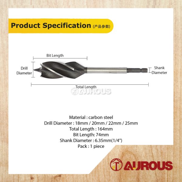 4 CUTTER 6.35MM(1/4") HEX SHANK AUGER BIT WOOD DRILL BIT (18MM / 20MM / 22MM / 25MM) - 1 PIECE - Image 5