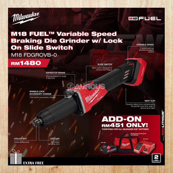 MILWAUKEE M18 FUEL VARIABLE SPEED BRAKING DIE GRINDER WITH LOCK ON SLIDE SWITCH M18 FDGROVB-0X0 (BARE TOOL)