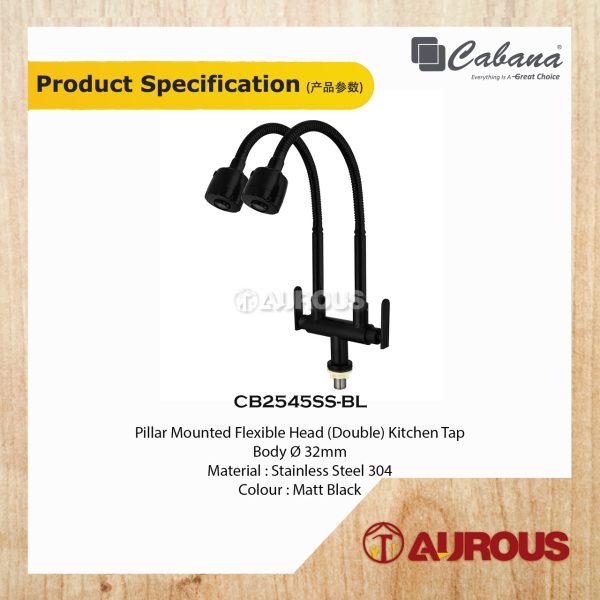 CABANA STAINLESS STEEL 304 PILLAR MOUNTED DOUBLE FLEXIBLE HEAD KITCHEN SINK TAP (CB2545SS-BL) - Image 2