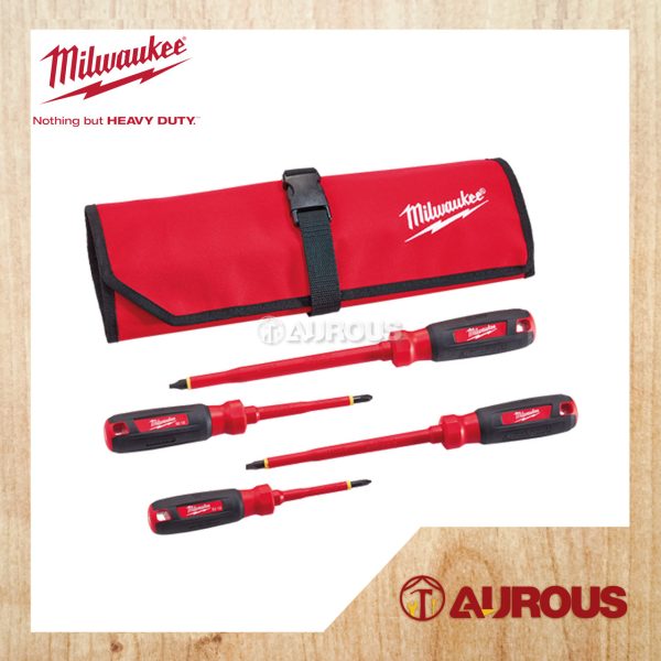 MILWAUKEE VDE 1000V INSULATED SCREWDRIVER SET WITH CAPACITY ROLL TOOL POUCH 48-22-2204 (4PCS/SET)
