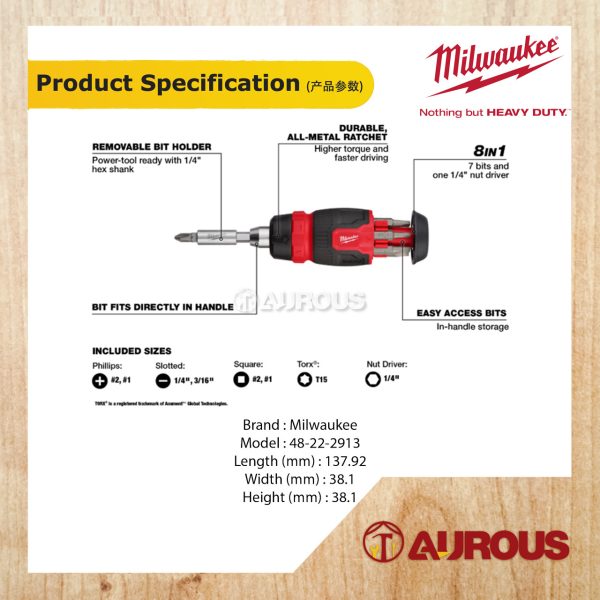 MILWAUKEE 8 IN 1 RACHETING COMPACT MULTI-BIT SCREWDRIVER 48-22-2913 - Image 6