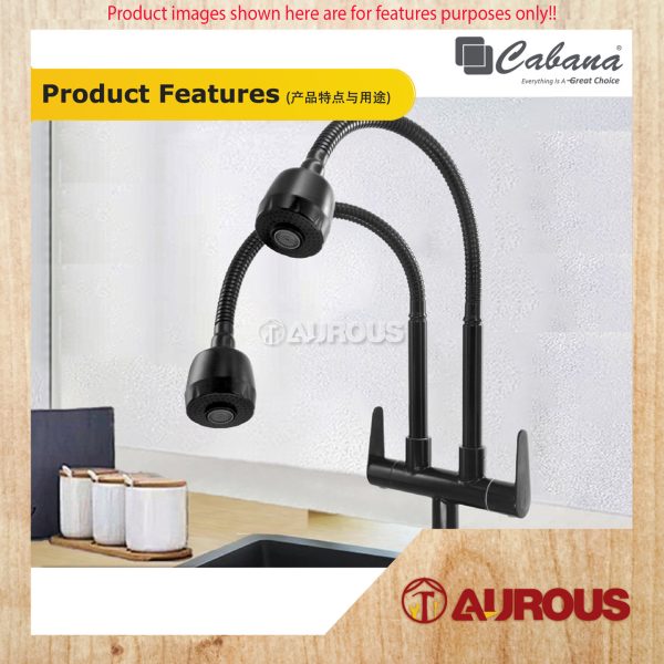 CABANA STAINLESS STEEL 304 PILLAR MOUNTED DOUBLE FLEXIBLE HEAD KITCHEN SINK TAP (CB2545SS-BL) - Image 3