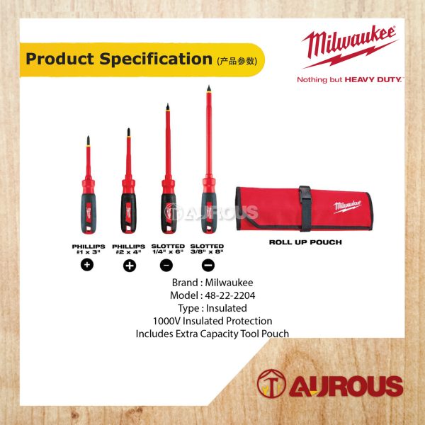 MILWAUKEE VDE 1000V INSULATED SCREWDRIVER SET WITH CAPACITY ROLL TOOL POUCH 48-22-2204 (4PCS/SET) - Image 5