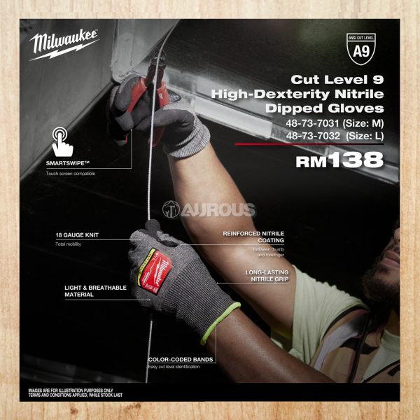 MILWAUKEE CUT LEVEL 9 HIGH-DEXTERITY NITRILE DIPPED GLOVES (M) 48-73-7031 , (L) 48-73-7032