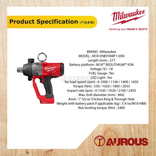MILWAUKEE M18 FUEL ONE-KEY 1" HIGH TORQUE IMPACT WRENCH WITH FRICTION RING M18 ONEFHIWF1-0X0 (BARE TOOL) - Image 4