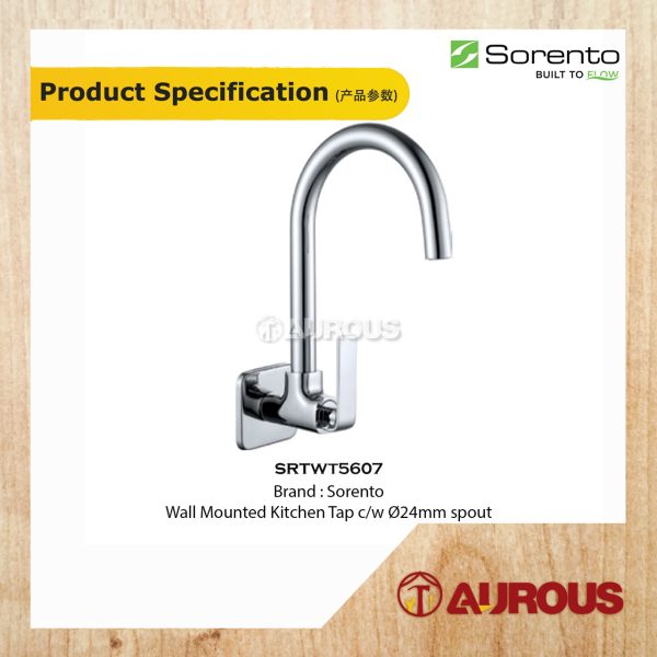 SORENTO BRASS WALL MOUNTED C/W Ø24MM SPOUT KITCHEN SINK WATER TAP (SRTWT5607) - Image 4