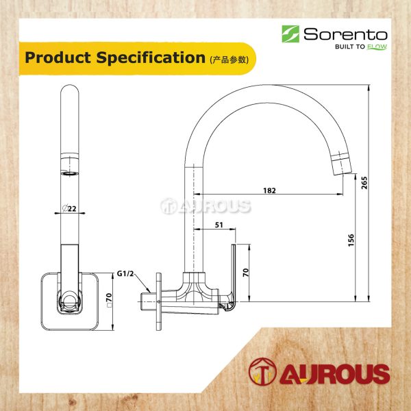 SORENTO BRASS WALL MOUNTED C/W Ø24MM SPOUT KITCHEN SINK WATER TAP (SRTWT5607) - Image 3