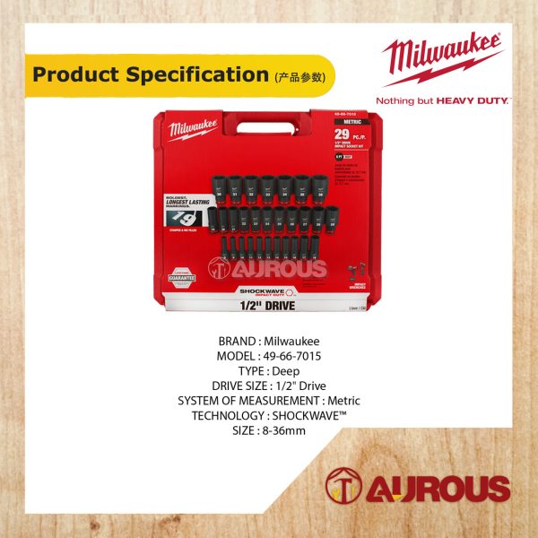 MILWAUKEE 29 PCS SHOCKWAVE IMPACT DUTY 1/2'' DRIVE METRIC DEEP SOCKET SET 8MM-36MM (49-66-7015) - Image 5
