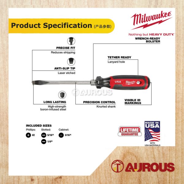 MILWAUKEE CUSHION GRIP SCREWDRIVER SET (4PCS) MT200-4 (SL5/16'', SL3/16'', PH#2, SL1/4'') MADE IN USA - Image 5