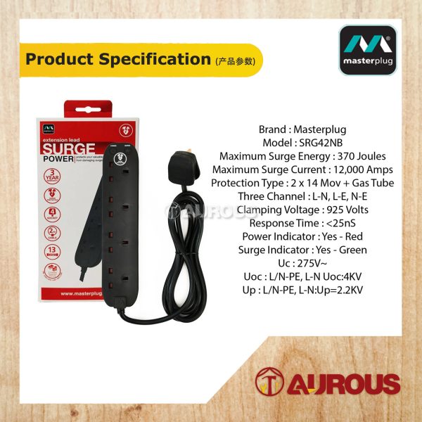 MASTERPLUG EXTENSION LEAD SURGE PROTECTED POWER SOCKET 2M X 4 GANG (SRG42NB) - Image 6