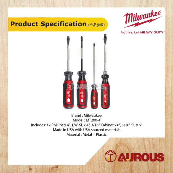 MILWAUKEE CUSHION GRIP SCREWDRIVER SET (4PCS) MT200-4 (SL5/16'', SL3/16'', PH#2, SL1/4'') MADE IN USA - Image 6