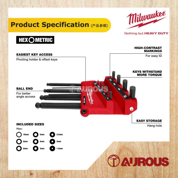 MILWAUKEE 9 KEY L-STYLE BALL END HEX KEY SET 48-22-2186 METRIC SIZE 1.5 -10MM - Image 5