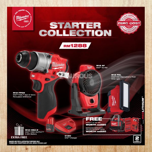 MILWAUKEE M12 FUEL STARTER COLLECTION CORDLESS PERCUSSION DRILL, FAN AND LIGHTING COMBO SET